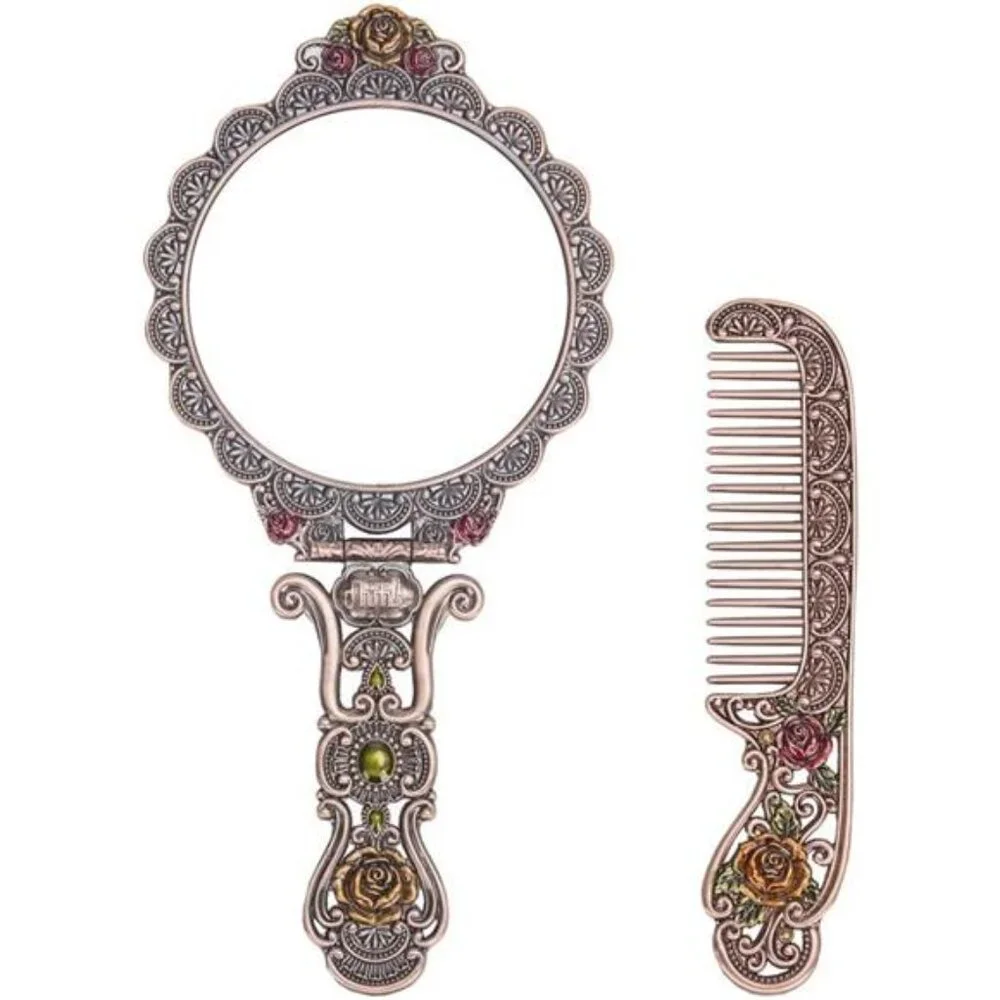 Vintage Metal Antique Rose Style Handheld Makeup Mirror Set - Folding Round